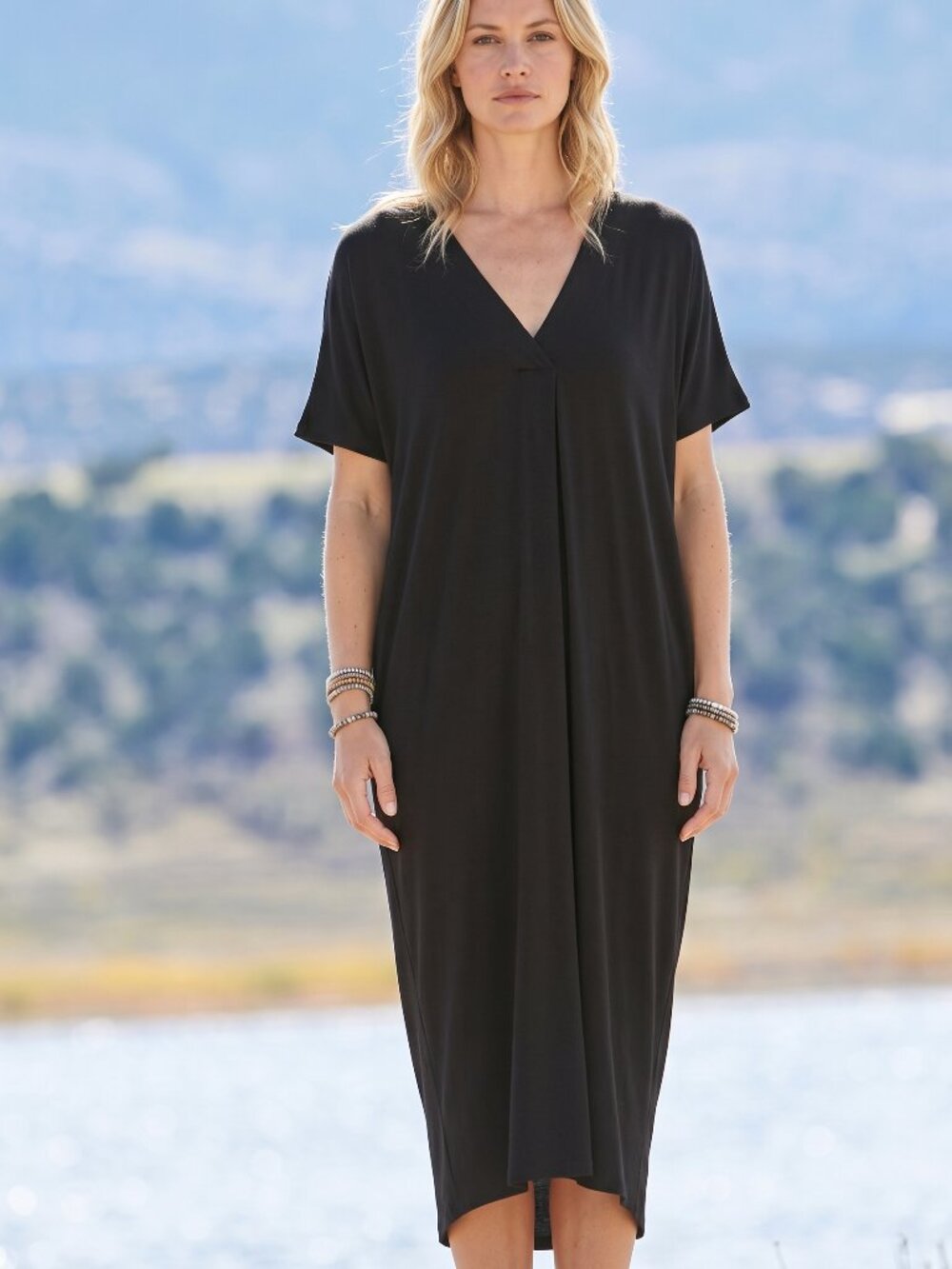 Peruvian Connection XL/XXL Black Thebes Viscose Spandex V-Neck Kaftan Dress NEW